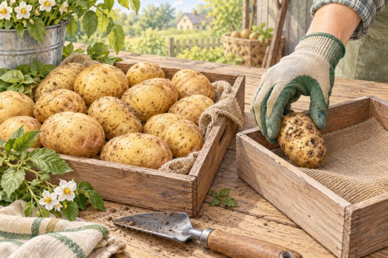Акварельная иллюстрация сортировки клубней картофеля в отдельные деревянные ящики