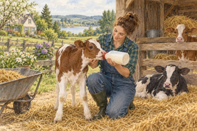 Кормление телёнка из бутылки возле сухого загона, акварельная иллюстрация