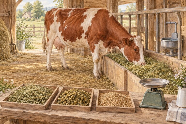 Корова ест сено в чистом коровнике; рядом образцы кормов, весы и поилка