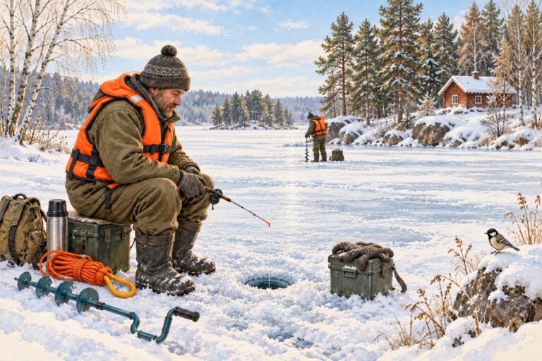 Рыбак со спасательным жилетом у лунки и сопровождающий на зимнем водоёме, акварельная иллюстрация