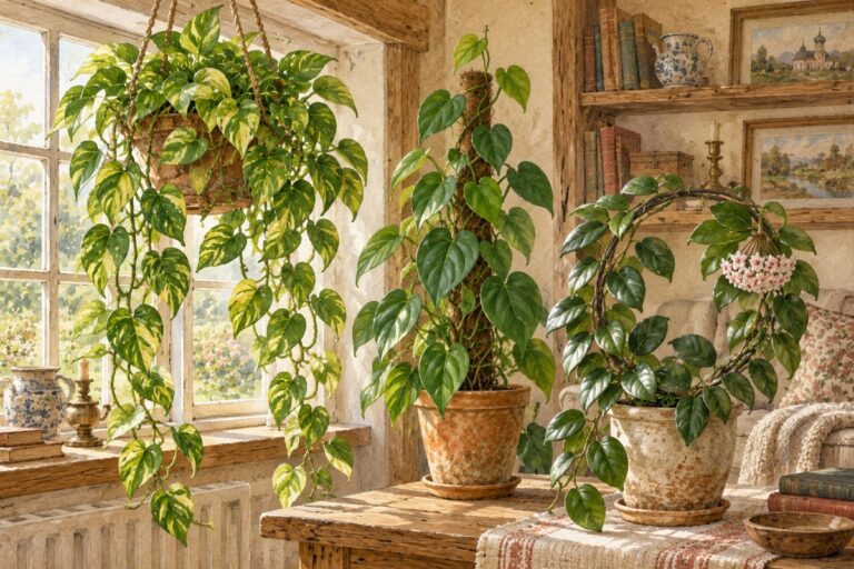 Эпипремнум, лазящий филодендрон и хойя в горшках у комнатного окна, акварельная иллюстрация