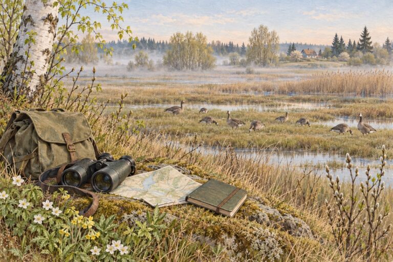 Дикие гуси на весеннем лугу; на сухом берегу лежат бинокль, карта, блокнот и походный рюкзак