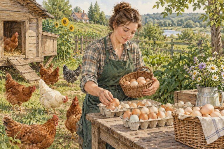 Акварельная хозяйка сортирует куриные яйца в лотки рядом с деревенским курятником