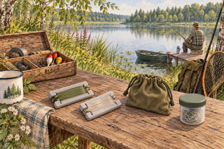 Акварельная иллюстрация самодельных держателей лески, чехла и рыбацкого комплекта