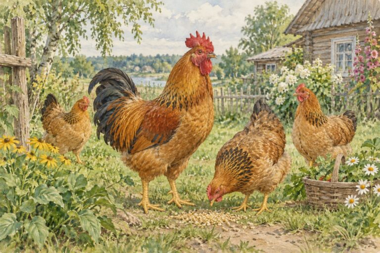 Акварельная иллюстрация петуха и кур кучинской юбилейной породы в дачном дворе