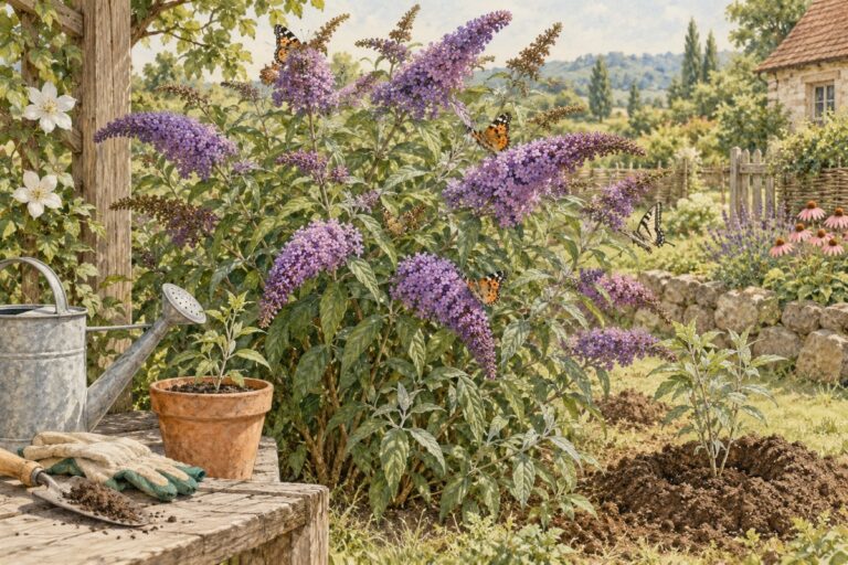 Акварельная иллюстрация цветущей буддлеи Давида с бабочками в саду