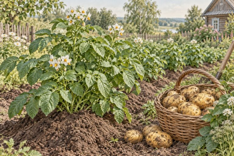 Картофельные кусты на окученной грядке и корзина свежих клубней в дачном огороде