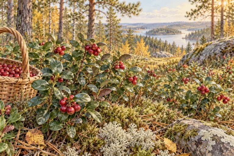 Гроздья красной брусники на низких кустиках с плотными зелёными листьями в светлом сосновом лесу