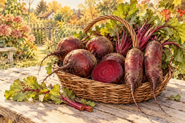 Акварельная корзина круглой и цилиндрической бордовой свёклы с зелёной ботвой на садовом столе
