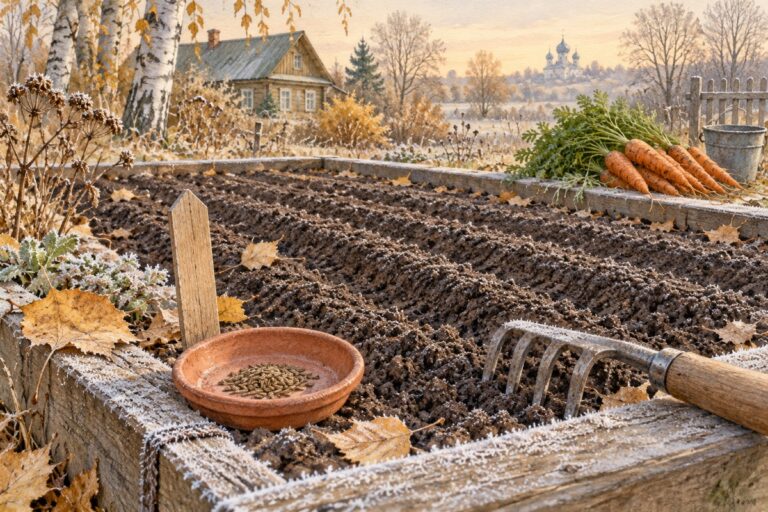 Акварельная осенняя грядка с бороздками, сухими семенами моркови и деревянными метками без надписей