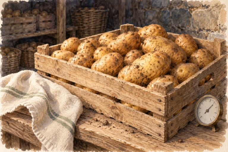 Акварельная иллюстрация здорового картофеля в проветриваемом деревянном ящике на столе для сортировки в погребе