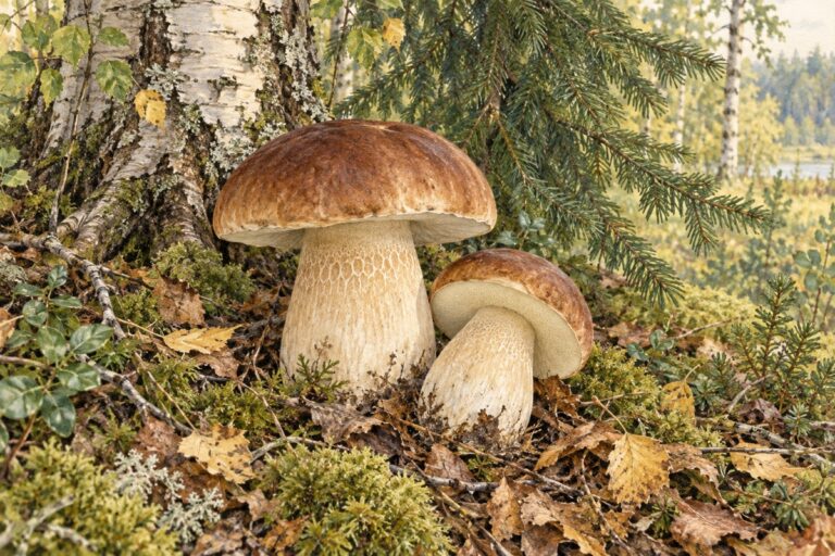 Акварельная иллюстрация белых грибов с коричневыми шляпками в лесной подстилке у берёзы и ели