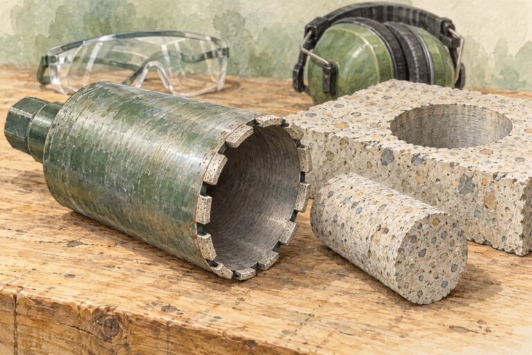 Акварельная иллюстрация полой алмазной коронки, бетонного керна и образца с круглым отверстием рядом с защитой глаз и слуха