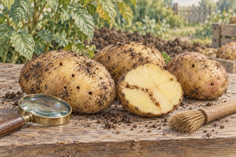 Осмотр картофеля с небольшими отверстиями и узким ходом на срезе клубня