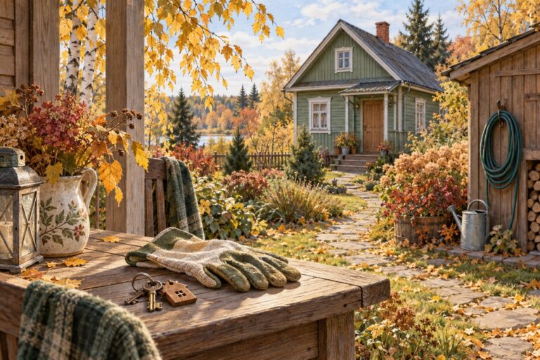 Осенний дачный дом, убранный садовый шланг, лейка, перчатки и ключи перед закрытием сезона