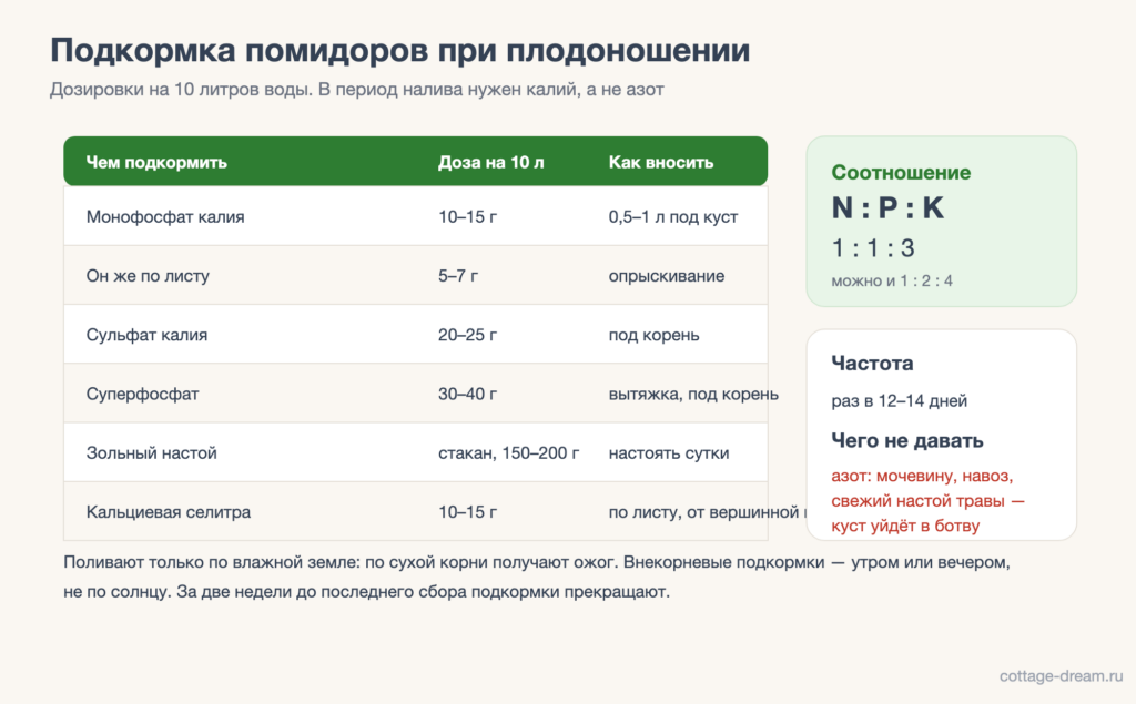 Таблица подкормок помидоров: дозировки на 10 литров воды
